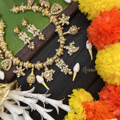 Vriksham Thiruman With Shank Kundan Jadau Gold Bead Drops & Pearls Choker Neckpiece-White-J4005