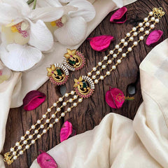 Vriksham Triple-Strand Pearl Choker with Ruby & Emerald Peacock Medallions-Red Left Side-G21807