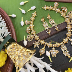 Vriksham Thiruman With Shank Kundan Jadau Gold Bead Drops & Pearls Choker Neckpiece-White-J4005