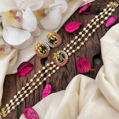 Vriksham Triple-Strand Pearl Choker with Ruby & Emerald Peacock Medallions-Red Left Side-G21807