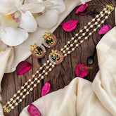 Vriksham Triple-Strand Pearl Choker with Ruby & Emerald Peacock Medallions-Red Right Side-G21808