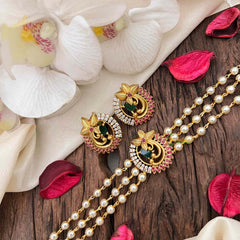 Vriksham Triple-Strand Pearl Choker with Ruby & Emerald Peacock Medallions-Red Right Side-G21808