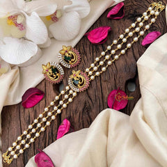 Vriksham Triple-Strand Pearl Choker with Ruby & Emerald Peacock Medallions-Red Right Side-G21808