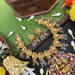 Vriksham Traditional Peacock Motif With Lakshmi Pendant Short Neckpiece-Aqua Green Bead-J4008