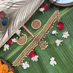 Vriksham Traditional Kemp Gold Plated Zig Zag Tikka With Chandran Suriyan-Red Green-Pearl-G19636