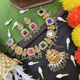 Vriksham Navaratna Temple Lakshmi Pendant Short Neckpiece-Aqua Green Bead-J4009