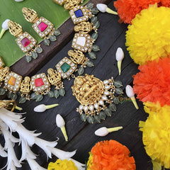 Vriksham Navaratna Temple Lakshmi Pendant Short Neckpiece-Aqua Green Bead-J4009