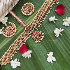 Vriksham Traditional Kemp Gold Plated Zig Zag Tikka With Chandran Suriyan-Red Green-Pearl-G19636