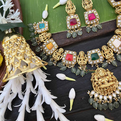 Vriksham Navaratna Temple Lakshmi Pendant Short Neckpiece-Aqua Green Bead-J4009