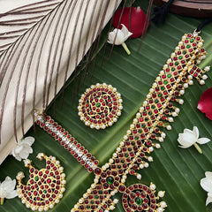 Vriksham Traditional Kemp Gold Plated Zig Zag Tikka With Chandran Suriyan-Red Green-Pearl-G19636