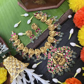 Vriksham Classic Peacock Motif With Lakshmi Pendant Kundan Jadau Short Neckpiece-Green Bead-J4050