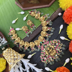 Vriksham Classic Peacock Motif With Lakshmi Pendant Kundan Jadau Short Neckpiece-Green Bead-J4050