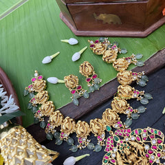 Vriksham Classic Peacock Motif With Lakshmi Pendant Kundan Jadau Short Neckpiece-Green Bead-J4050