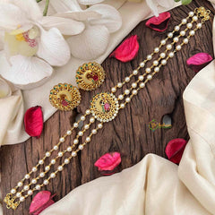 Vriksham Gold look alike Pearl High Neck Choker-Peacock Green Feathre-Right Side-G21788