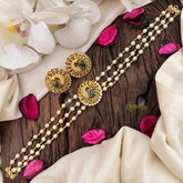 Vriksham Gold look alike Pearl High Neck Choker-Peacock Red Feather-Right Side-G21789