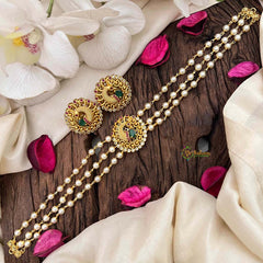 Vriksham Gold look alike Pearl High Neck Choker-Peacock Red Feather-Right Side-G21789