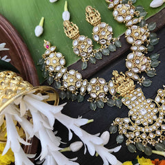 Vriksham Antique Floral Lakshmi Style Short Neckpiece-Aqua Green Beed & Pearls-J4013