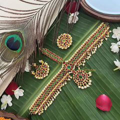 Vriksham Traditional Kemp Double Layer Tikka With Chandran Suriyan-Red Green-Pearl-G19651