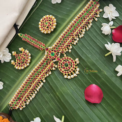 Vriksham Traditional Kemp Double Layer Tikka With Chandran Suriyan-Red Green-Pearl-G19651