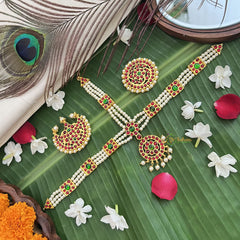 Vriksham Traditional Kemp Square Pearl Tikka With Chandran Suriyan-Red Green-G19649