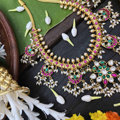 Vriksham Half Moon With Butterfly Pendant Guttapusalu Short Neckpiece-Rice Pearls-J4012