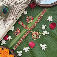 Vriksham Traditional Kemp Gold Plated Tikka With Chandran Suriyan-Red Green-Prearl-G19646