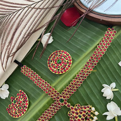 Vriksham Traditional Kemp Gold Plated Tikka With Chandran Suriyan-Red Green-Prearl-G19646