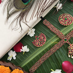 Vriksham Traditional Kemp Gold Plated Tikka With Chandran Suriyan-Red Green-Prearl-G19646