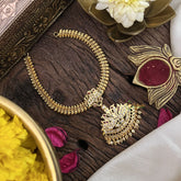 Vriksham Traditional Peacock Impon Neckpiece-White Red Green-Stone Bead-G18878