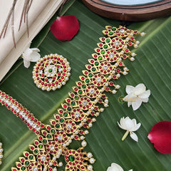 Vriksham Traditional Kemp Manga & Leaf Design Tikka With Chandran Suriyan-Red Green-Prearl-G19648