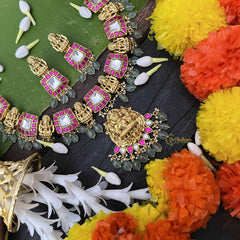 Vriksham Elegant White & Red Temple Lakshmi Pendant Short Neckpiece-Aqua Green Bead-J4011