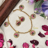 Vriksham Elegant Gold Look Alike Pink Lotus With Green Leaf Short Neckpiece-G20427