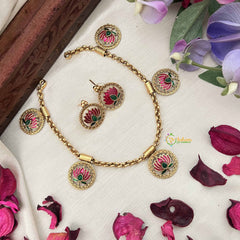 Vriksham Elegant Gold Look Alike Pink Lotus With Green Leaf Short Neckpiece-G20427