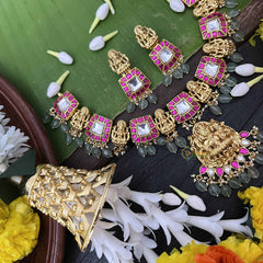 Vriksham Elegant White & Red Temple Lakshmi Pendant Short Neckpiece-Aqua Green Bead-J4011