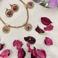 Vriksham Elegant Gold Look Alike Pink Lotus With Green Leaf Short Neckpiece-G20427