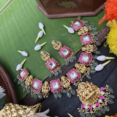 Vriksham Elegant White & Red Temple Lakshmi Pendant Short Neckpiece-Aqua Green Bead-J4011