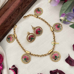 Vriksham Elegant Gold Look Alike Pink Lotus With Green Leaf Short Neckpiece-G20427