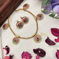 Vriksham Elegant Gold Look Alike Pink Lotus With Green Leaf Short Neckpiece-G20427