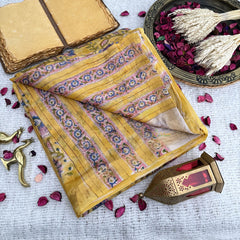 Vriksham Light Yellow Floral Print Maheshwari Cotton Silk Saree-Handloom -VS4471