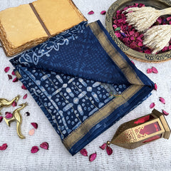 Vriksham Dark Blue Printed Maheshwari Cotton Silk Saree-Handloom -VS4470