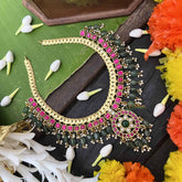 Vriksham Traditional Golden Square Pink With Flower Pendant Short Neckpiece-Green Bead-J4015
