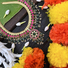 Vriksham Traditional Golden Square Pink With Flower Pendant Short Neckpiece-Green Bead-J4015