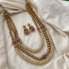 Premium Cluster Pearl Beaded 3 Layered Malai-Red-G13479