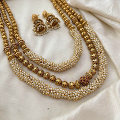 Premium Cluster Pearl Beaded 3 Layered Malai-Red-G13479