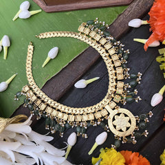 Vriksham Traditional Golden Square Pink With Flower Pendant Short Neckpiece-Green Bead-J4015