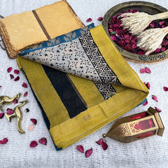 Vriksham Blue Turquoise Printed Maheshwari Cotton Silk Saree-Handloom -VS4478