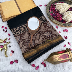 Vriksham Black With Brown Maheshwari Cotton Silk Saree-Handloom -VS4477