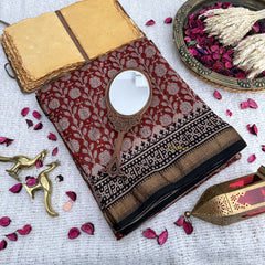 Vriksham Brown Printed Maheshwari Cotton Silk Saree-Handloom -VS4479