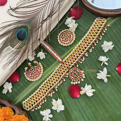 Vriksham Traditional Kemp Gold Plated Square Tikka With Chandran Suriyan-Red Green-Prearl-G19642