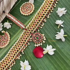 Vriksham Traditional Kemp Gold Plated Square Tikka With Chandran Suriyan-Red Green-Prearl-G19642